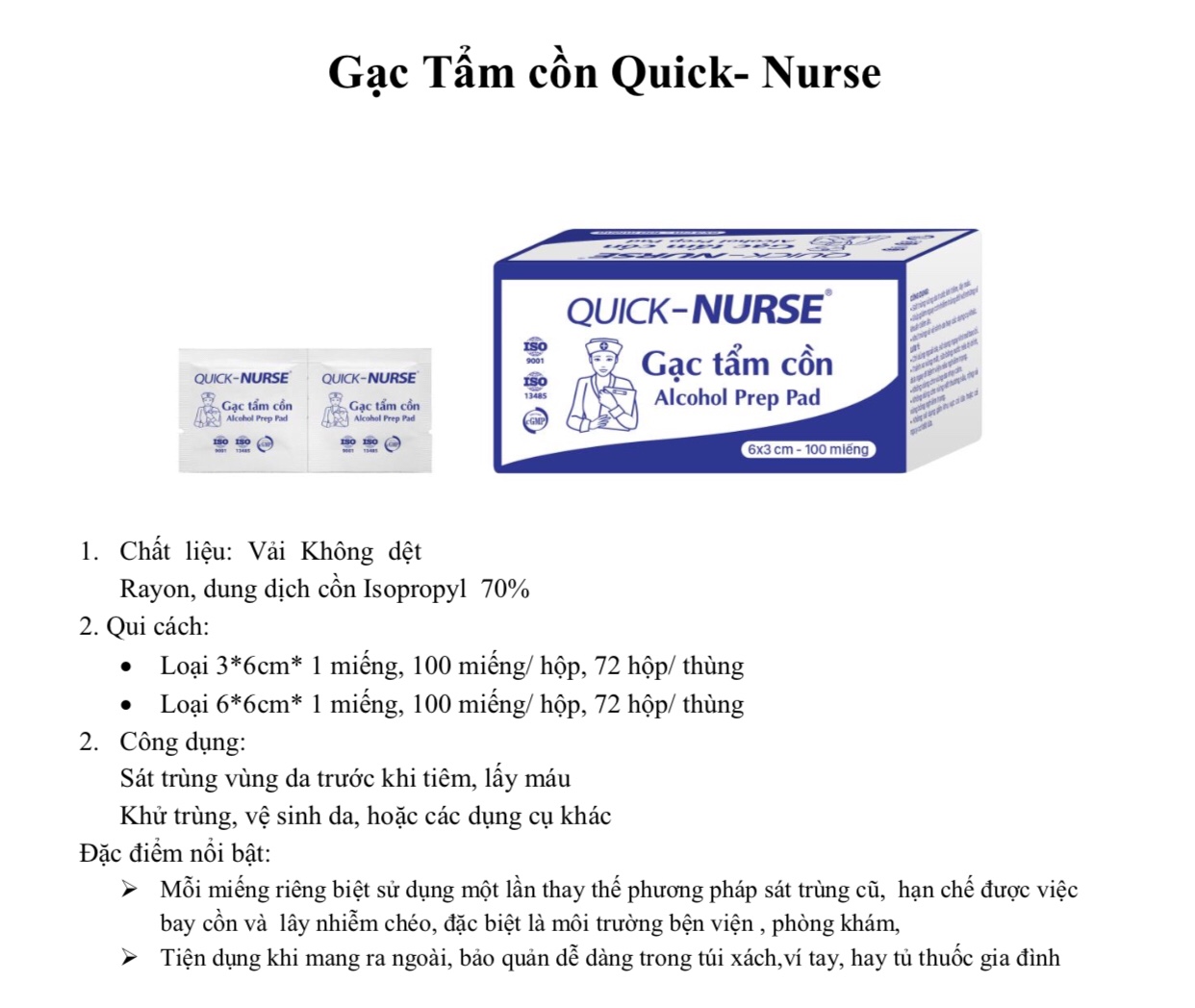 Gạc tẩm cồn Quick Nurse 6x3cm (Hộp 100 miếng)