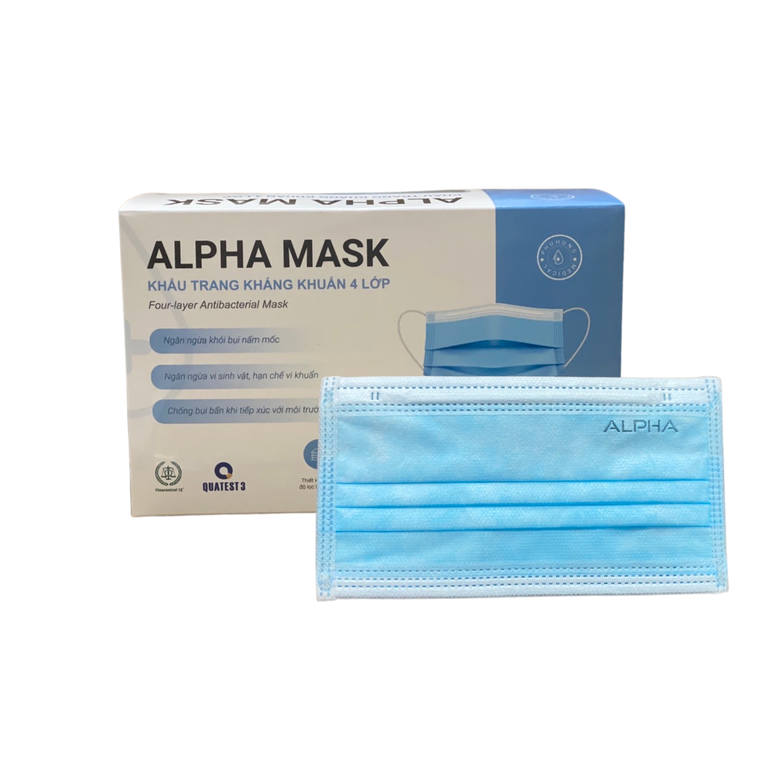 Khẩu Trang Y Tế 4 lớp màu xanh Alpha mask phú hưng (h/50c)-0