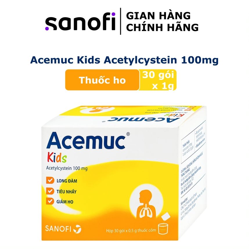 Acemuc Kids Acetylcystein 100mg Sanofi (hộp/30gói/0.5gram)