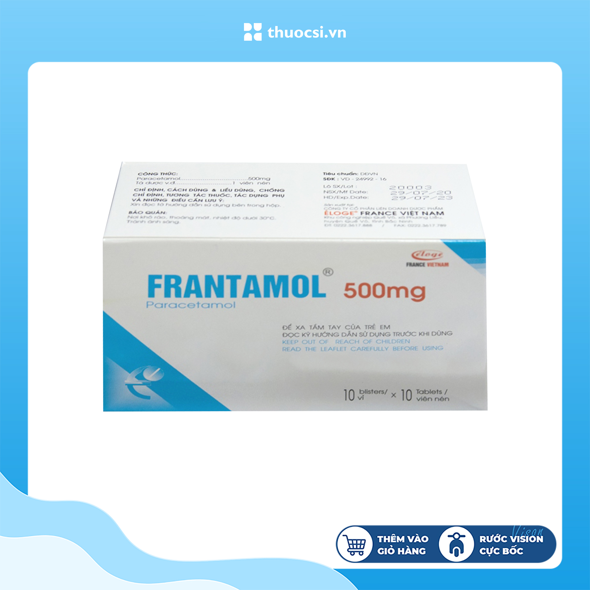 Frantamol Paracetamol 500mg Éloge France Vietnam (H/100V)-0