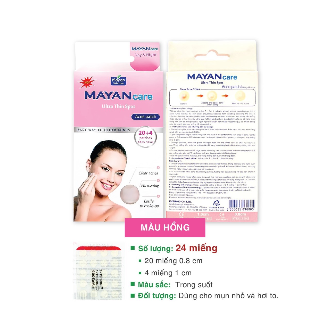 Miếng Dán Mụn Mayan Care Ultra Thin Spot Hồng (h/24m)